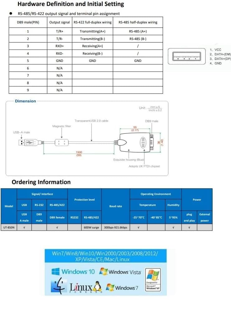 UOTEK UTEK UT-850N 1-Port USB to RS-485/422 Serial Converter with ESD Protection - Image 4